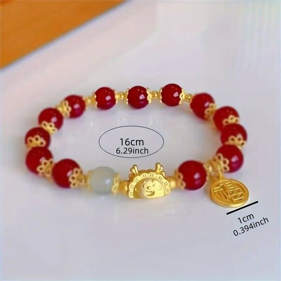 Lucky Dragon Red Bead Bracelet with Synthetic Jade Bead - Picture 4 of 5
